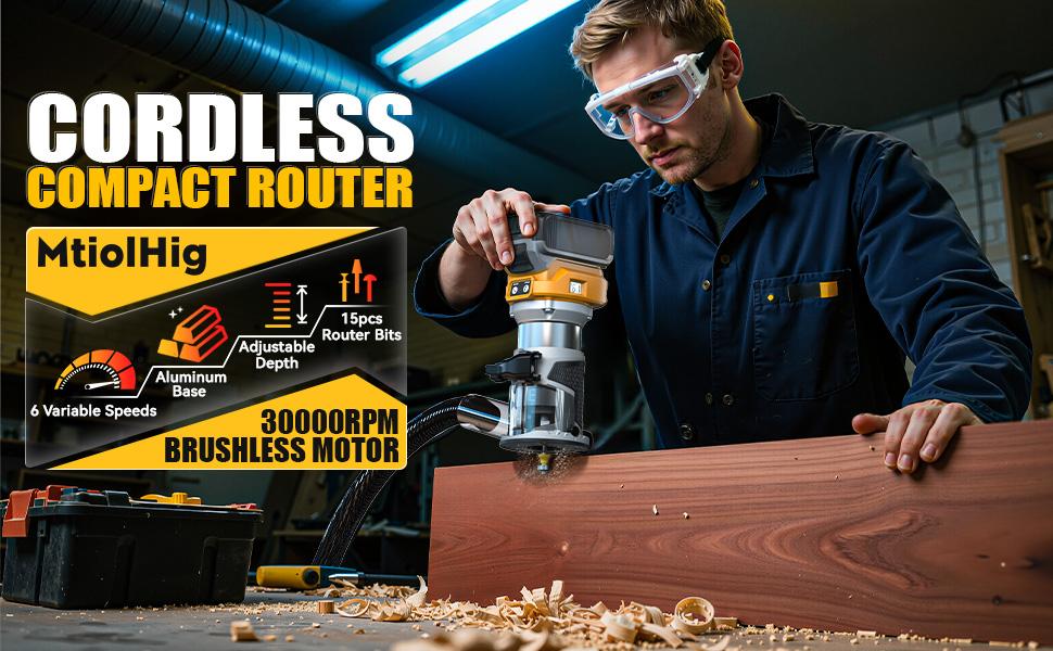 800W Cordless Compact Router for DeWalt 20V Battery, Battery NOT Included, 6 Variable Speeds Router Tool for Woodworking, 30,000 RPM Fixed Base Wood Router with Trim Router Bits, Edge & Roller Guide, Dust Hood