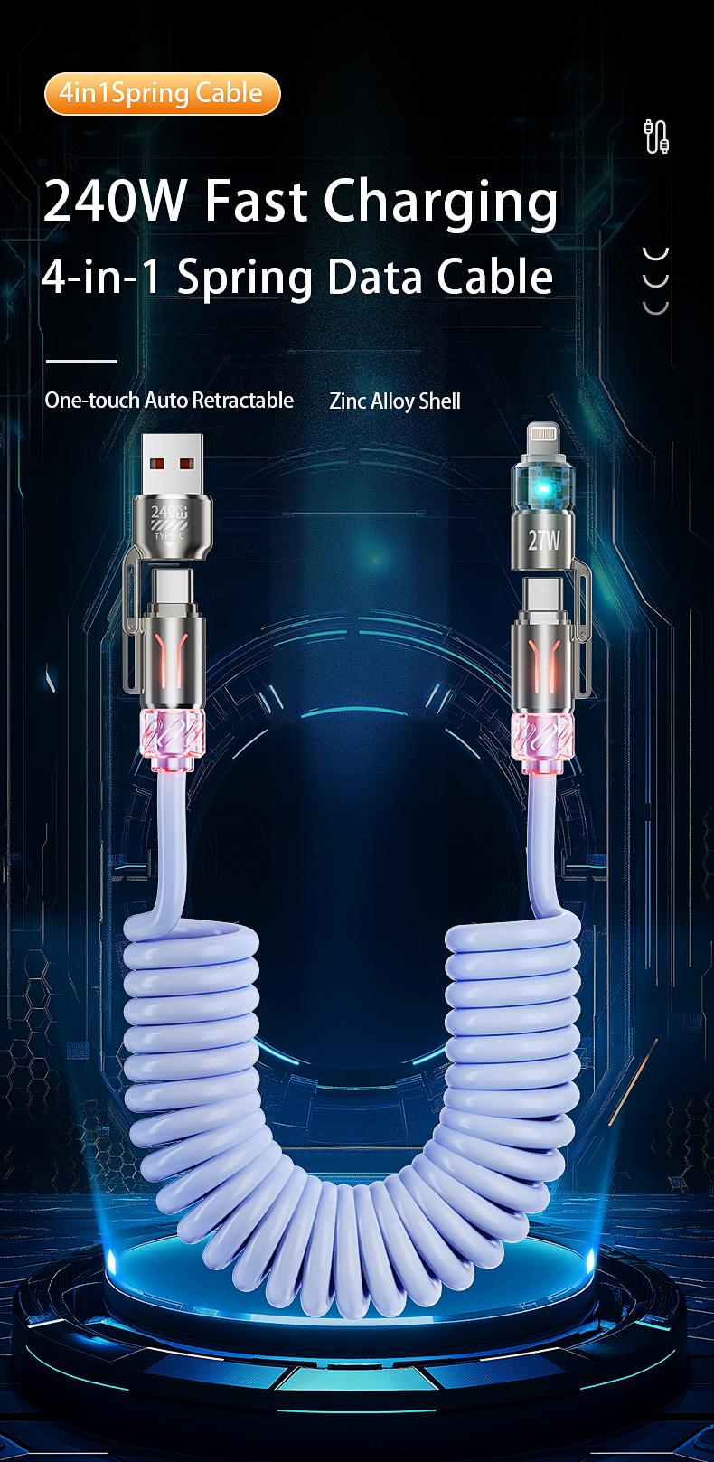 2026 Upgraded 240W Fast Charging Cable with RGB Light & Fragrance 4-in-1 Telescopic Spring Design 2m Length for iPhone Samsung Motorola CarHomeOffice Smartphone Cellphone Retractable Fast Charger Retractable Cord