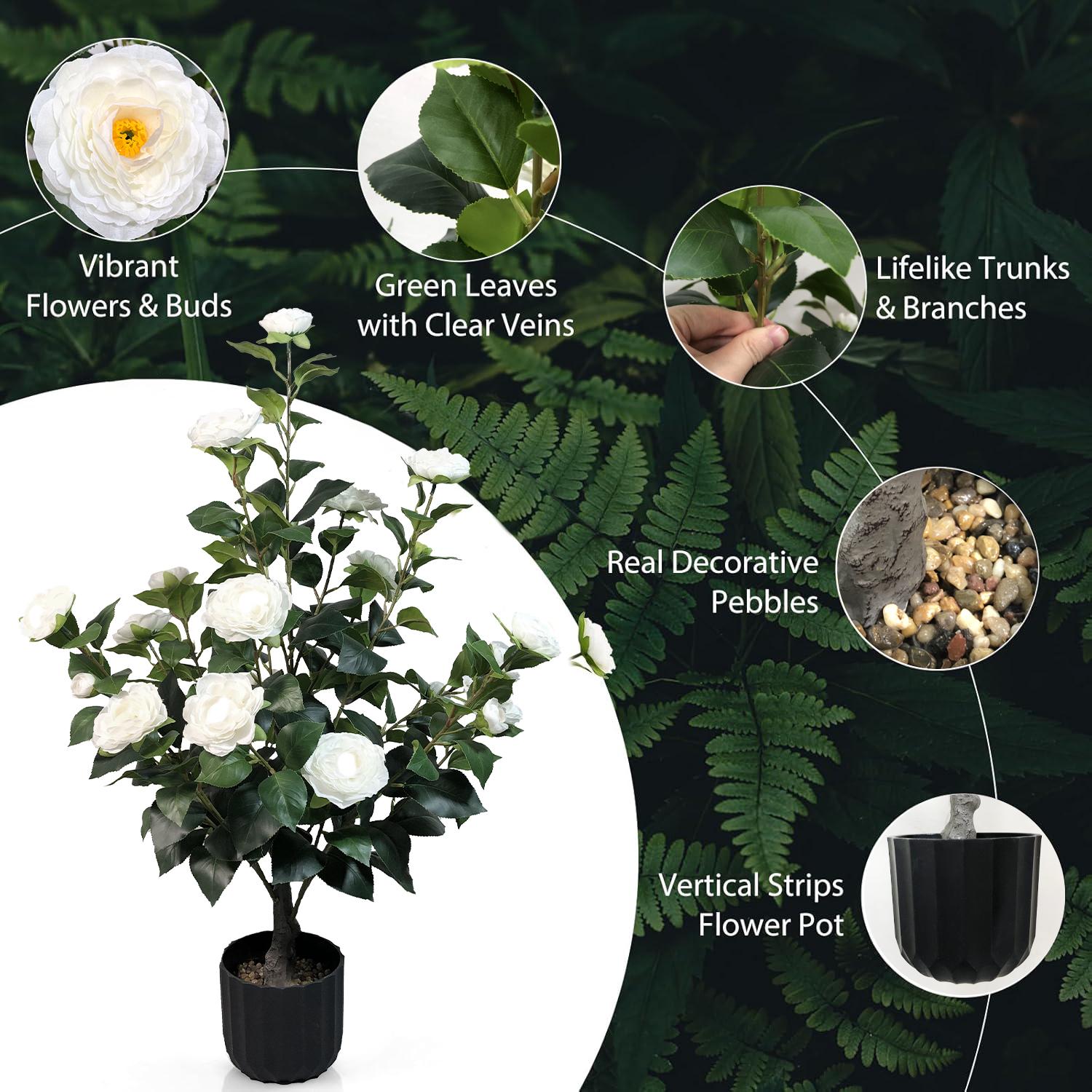 2 Pcs 3-foot Camellia Tree with Decorative Pebbles, Flower Pot, 24 Realistic Flowers, 188 Leaves for Indoor, outdoor courtyard Home Decor summerwins
