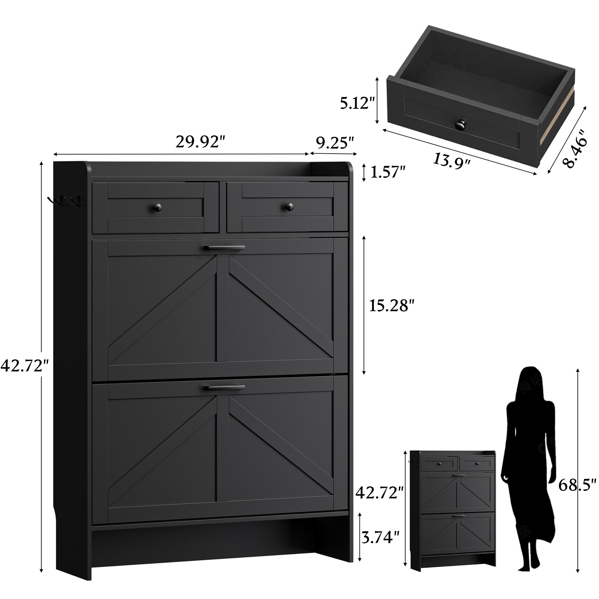Shoe Storage Cabinet for Entryway, Farmhouse Wide Shoe Cabinet with 4 Flip Drawers and 2 Top Drawers, Freestanding Organizer with Adjustable Shelves, Hooks, and Anti-Tip Kit for Hallway