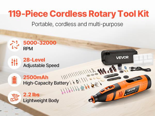 fathersdaygift  VEVOR 119-Piece Cordless Rotary Tool Kit, DC12V Portable Mini Power Rotary Tool, 28-Level Speed 5000-32000 RPM Multi-Purpose DIY Tools for Engraving, Sanding, Polishing, Carving, Cutting, DIY Crafts