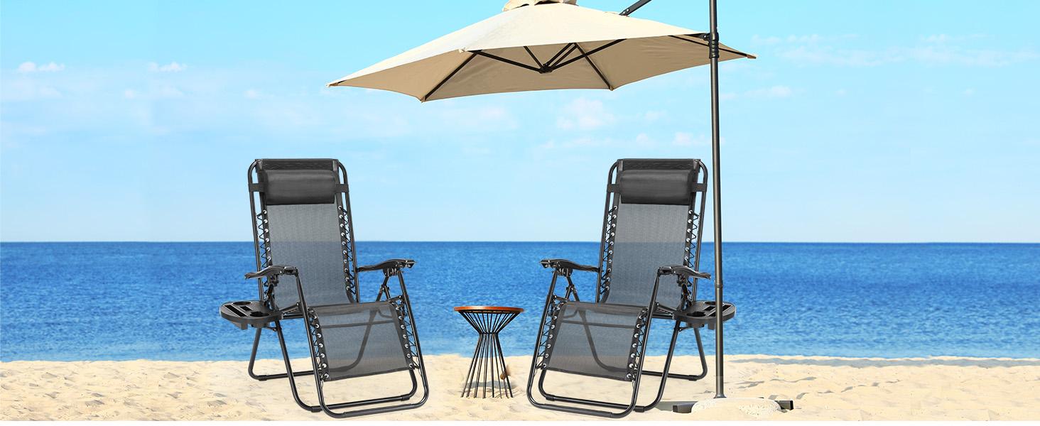 Zero Gravity Set of 2 Folding Lounge Chairs with Cup Holder Trays, Adjustable Pillow, Camping and Poolside Accessory, Outdoor Design, Beach Chair Foldable, Outdoor Lawn Chair