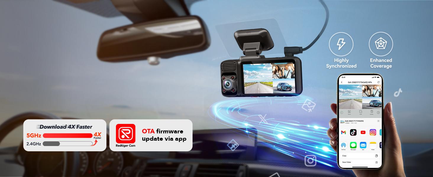 REDTIGER F17 4K 3-Channel Dash Cam with 5GHz WiFi GPS, 64GB Card, 2160P+1080P+1080P Cameras, IR Night Vision, Parking Mode, Car rvibes, Car VLOG, Summervibes