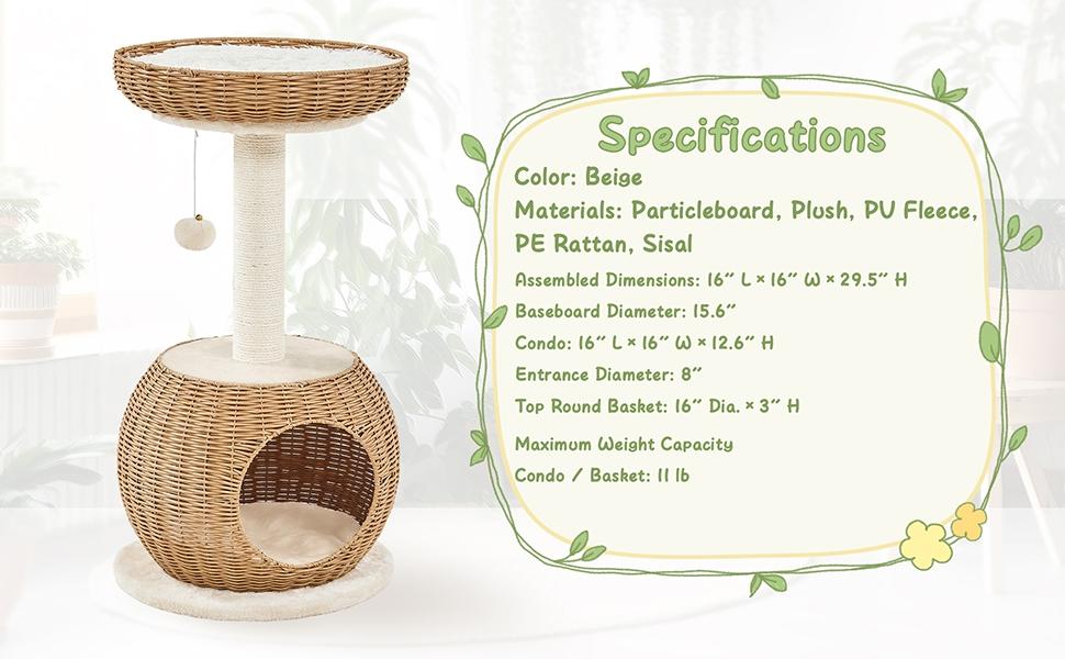 Yaheetech 54in Rattan Cat Tree Tower with Luxury Woven Condo, Clear Bowl, Washable Cushions, and Scratching Posts, Cat Furniture for Indoor Cats