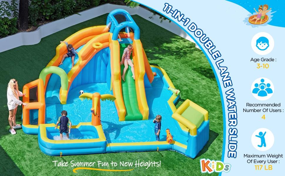 Yaheetech Inflatable Water Slide w/ 2 Long Slides & Large Climbing Wall & Small Deeper Pool & Awning for Kids Aged 3 to 10, Outdoor Water Slide w/Storage Bag & 950W Blower