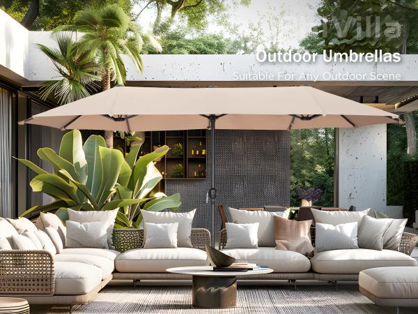[SummerVibes] PHI VILLA 15 FT Large Outdoor Double-Sided Rectangle Umbrella with LED Lights & Crank Handle, Waterproof, Day & Night Use