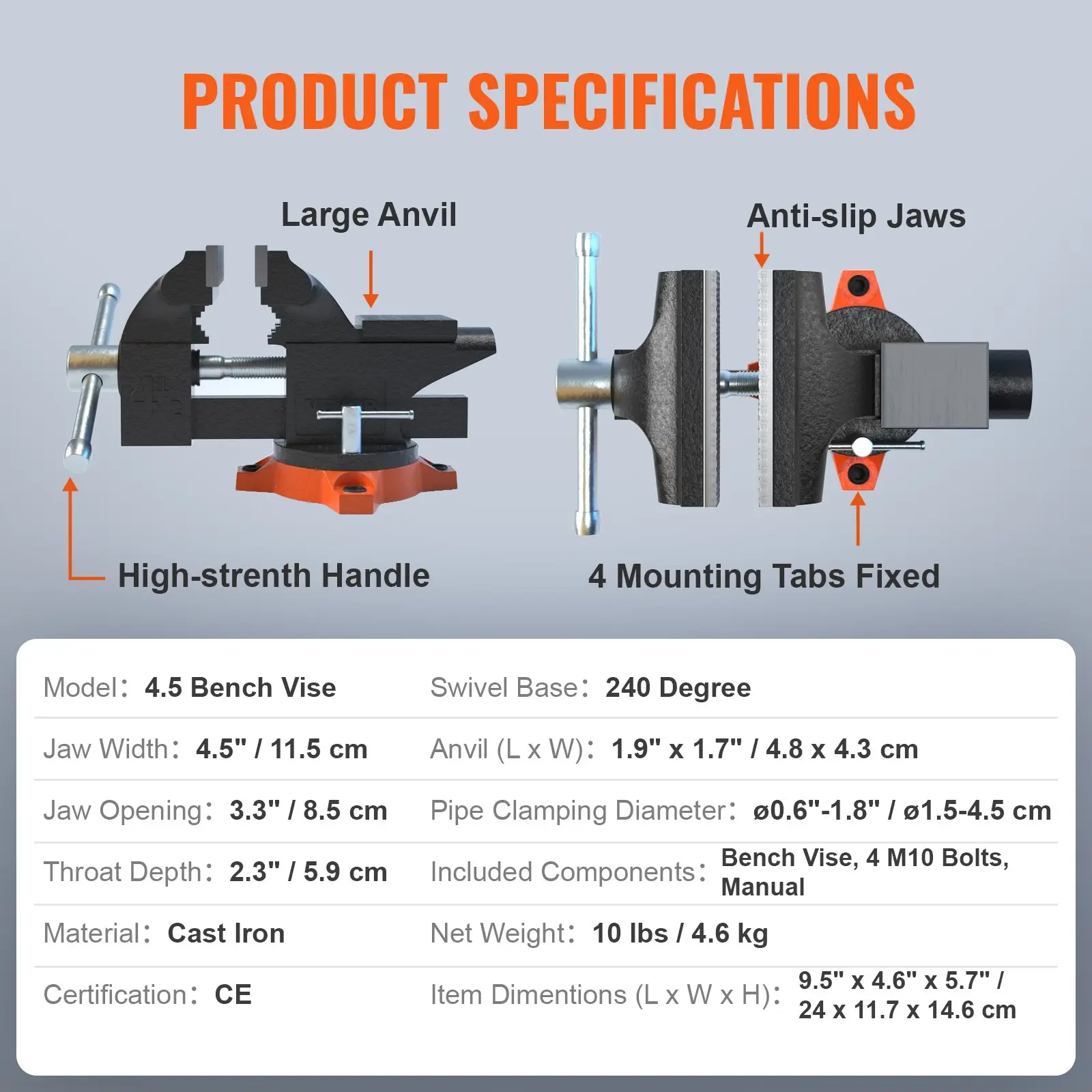  6.5" Jaw Width 6.5" Forward &9.3" Reverse Opening Bench Vise, 360-Degree Swivel Locking Base Multipurpose Workbench with Anvil
