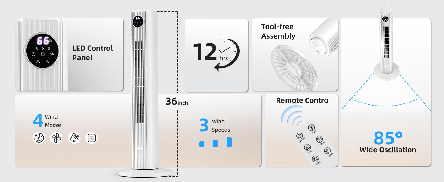【DealsForYouDays】Antarctic Star Tower Fan Portable Electric 85&deg; Oscillating Fan with Remote Control, Quiet Operation, 3 Speed Settings & 12H Timer, Bladeless Standing Floor Fan for Bedroom & Office