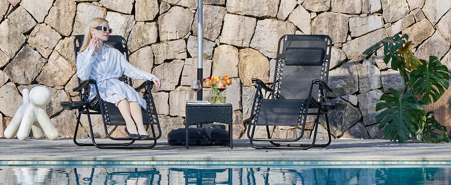 Zero Gravity Set of 2 Folding Lounge Chairs with Cup Holder Trays, Adjustable Pillow, Camping and Poolside Accessory, Outdoor Design, Beach Chair Foldable, Outdoor Lawn Chair