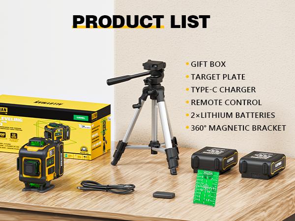 【fathersdaygift】Alloyman Laser Level with Tripod, 4x360° Self Leveling Laser Level, 16 Line-Green Line Laser 4D with 2Pcs Lithium Batteries for Picture Hanging, Tile, Home Renovation, Indoor Project, Great Gift Ideas for a Perfect Christmas and New Year