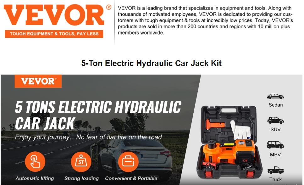 VEVOR  Electric Car Jack Set, Summervibes,Summervibes, Max 5 Ton/11023 LBS Hydraulic Jack/Scissor Jack with Electric Impact Wrench, Built-in Inflatable Pump and LED Light, Portable Car Lift for SUV MPV Sedan Truck Change Tires Garage Repair