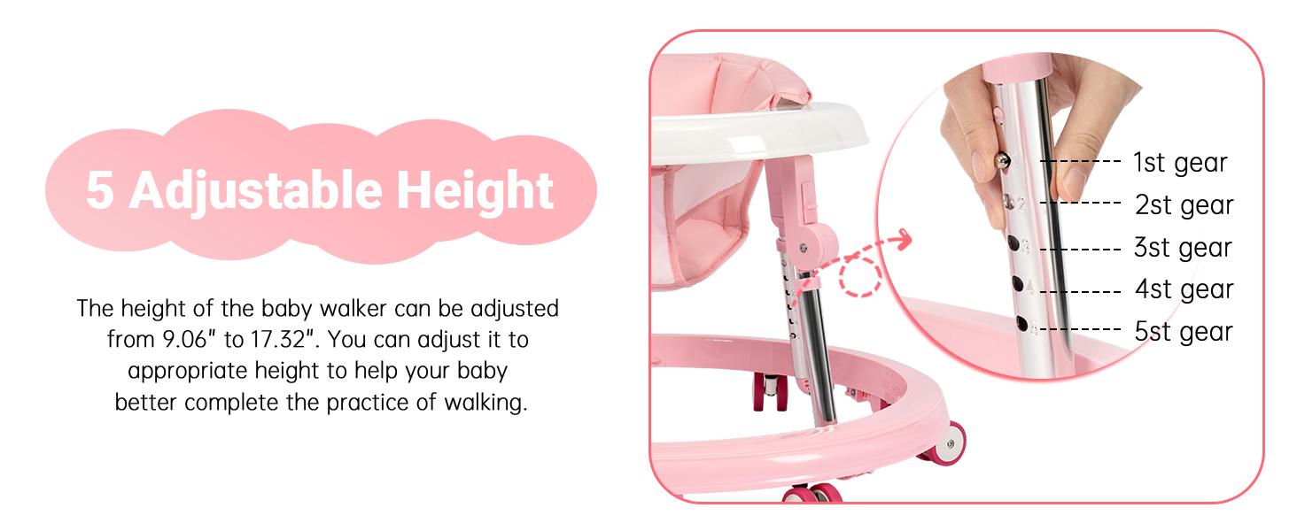 Baby Walker Foldable with 9 Adjustable Heights, Baby Walkers and Activity Center for Boys Girls Babies 7-18 Months, Baby Walker with Wheels Portable
