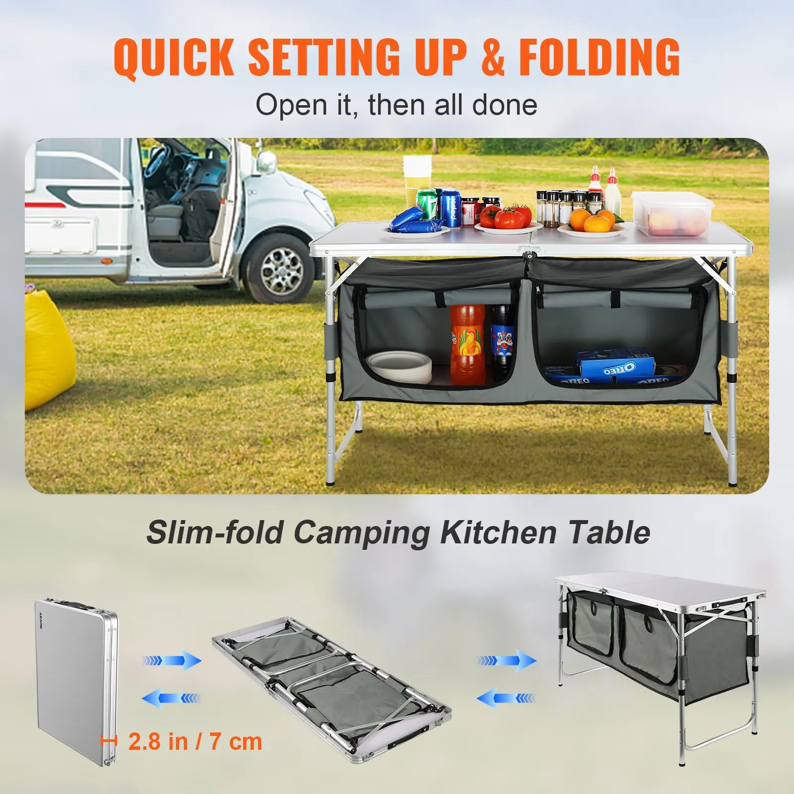 Folding Camping Kitchen Table – Quick Setup, 3 Adjustable Heights, Portable MDF Table for BBQ, Camping & RV Travel