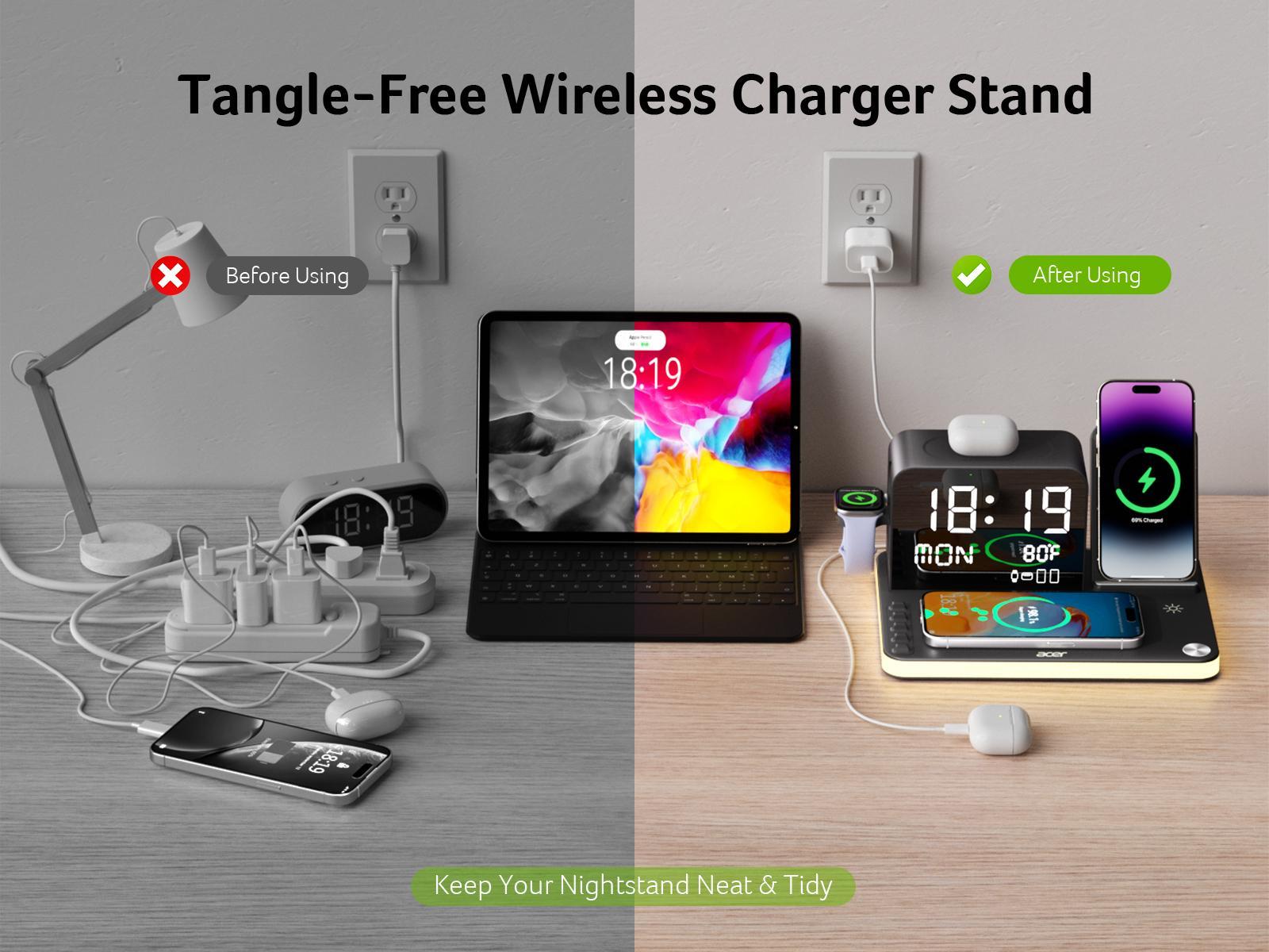 Acer 7 in 1 Wireless Charging Station with Fast Wireless Charger, LED Night Light, Bluetooth Time Sync Clock & Temperature Display, USB-A & USB-C, Magnetic MagSafe &ndash; for iPhone, Android Phone, Apple Watch & AirPods, Gift