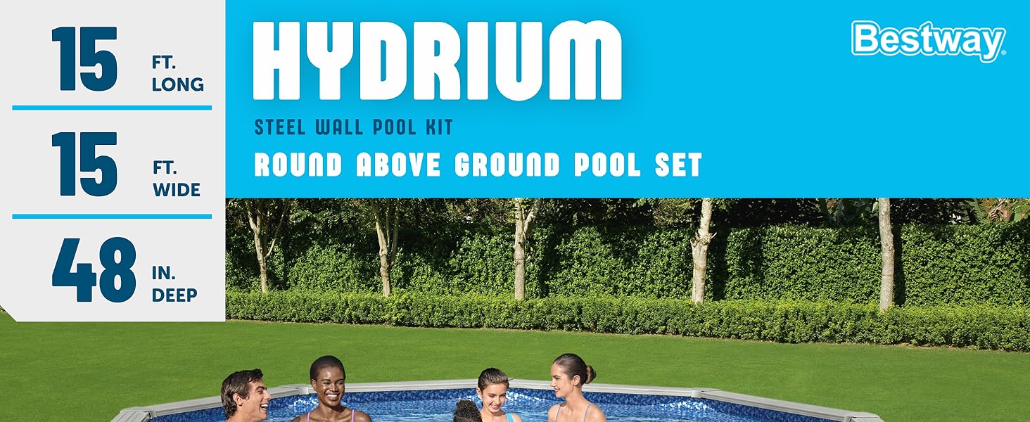 Four people enjoying a swim in an above-ground round pool set on a grassy lawn, surrounded by trees.