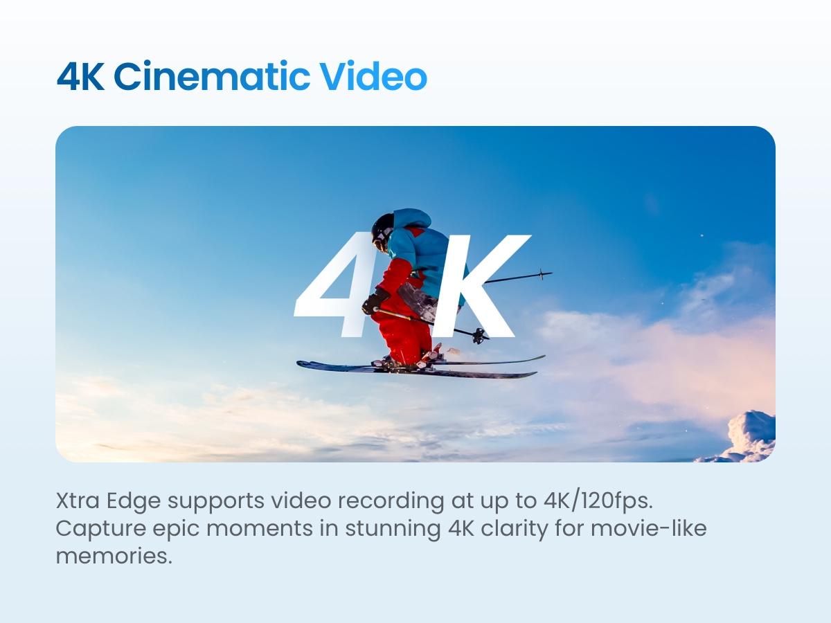 Xtra Edge Action Camera, 1/1.3" Sensor & 4K Cinematic Video, Hyper Stabilization, Waterproof Camera to 52 Ft, 3-Hour Battery, Universal Quick Mount, Vlogging Camera for Adventure Photography