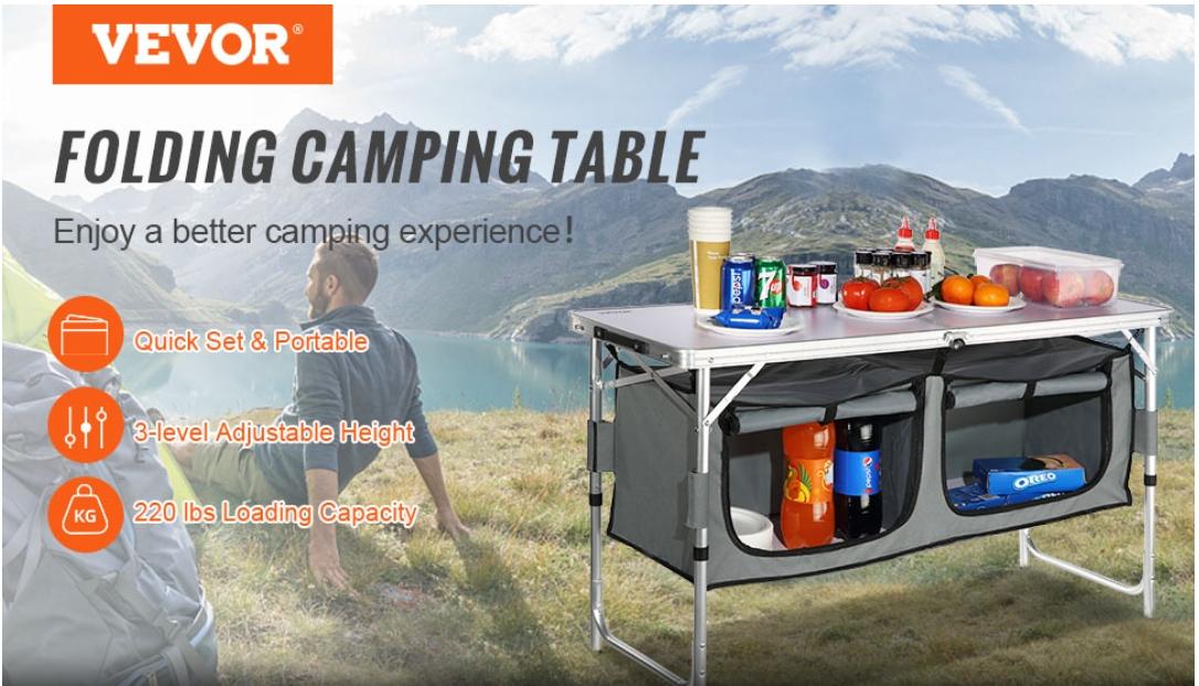 VEVOR Camping Kitchen Table, TikTokShopBlackFriday, Quick set-up Folding Camping Table, 3 Adjustable Heights, MDF Camping Table, Ideal for Outdoor Picnics, BBQs, Camping, RV Traveling VEVOR Super Brand Day