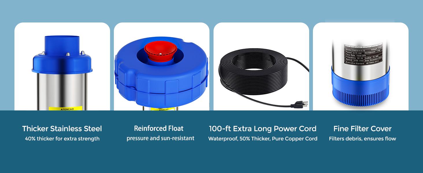 Pond Fountain Aerator  1HP 110V 750W 15000 GPH Floating Fountain Pump with 100 FT Power Cord  2 x 100 FT Rope Timer  Fully Automatic Powerful Aerating Fountain for Larger Ponds, Lakes