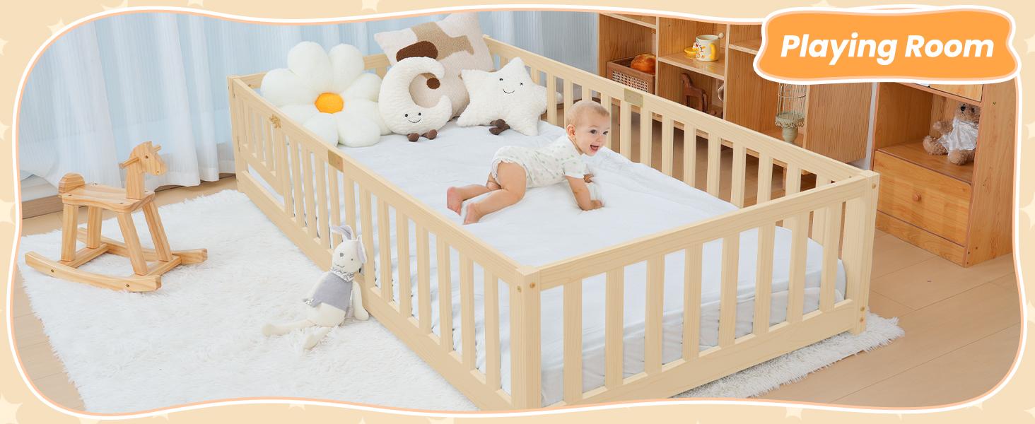 Naudacaa Twin/Full Size Montessori Floor Bed for Kids, Solid Wood Bed Frame with Fence, Door & Safety Guardrails, CPC Certified Naudacaa Twin/Full Size Montessori Floor Bed for Kids, Solid Wood Bed Frame with Fence, Door & Safety Guardrails, CPC Certified