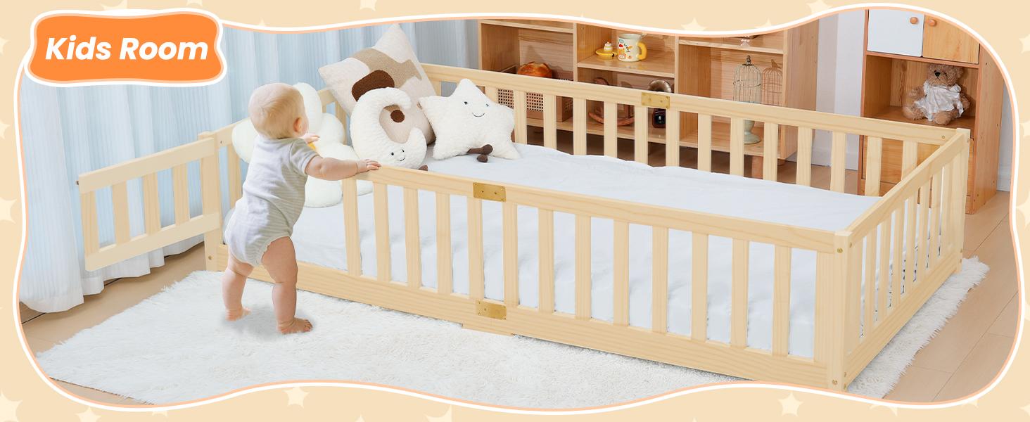 Naudacaa Twin/Full Size Montessori Floor Bed for Kids, Solid Wood Bed Frame with Fence, Door & Safety Guardrails, CPC Certified Naudacaa Twin/Full Size Montessori Floor Bed for Kids, Solid Wood Bed Frame with Fence, Door & Safety Guardrails, CPC Certified