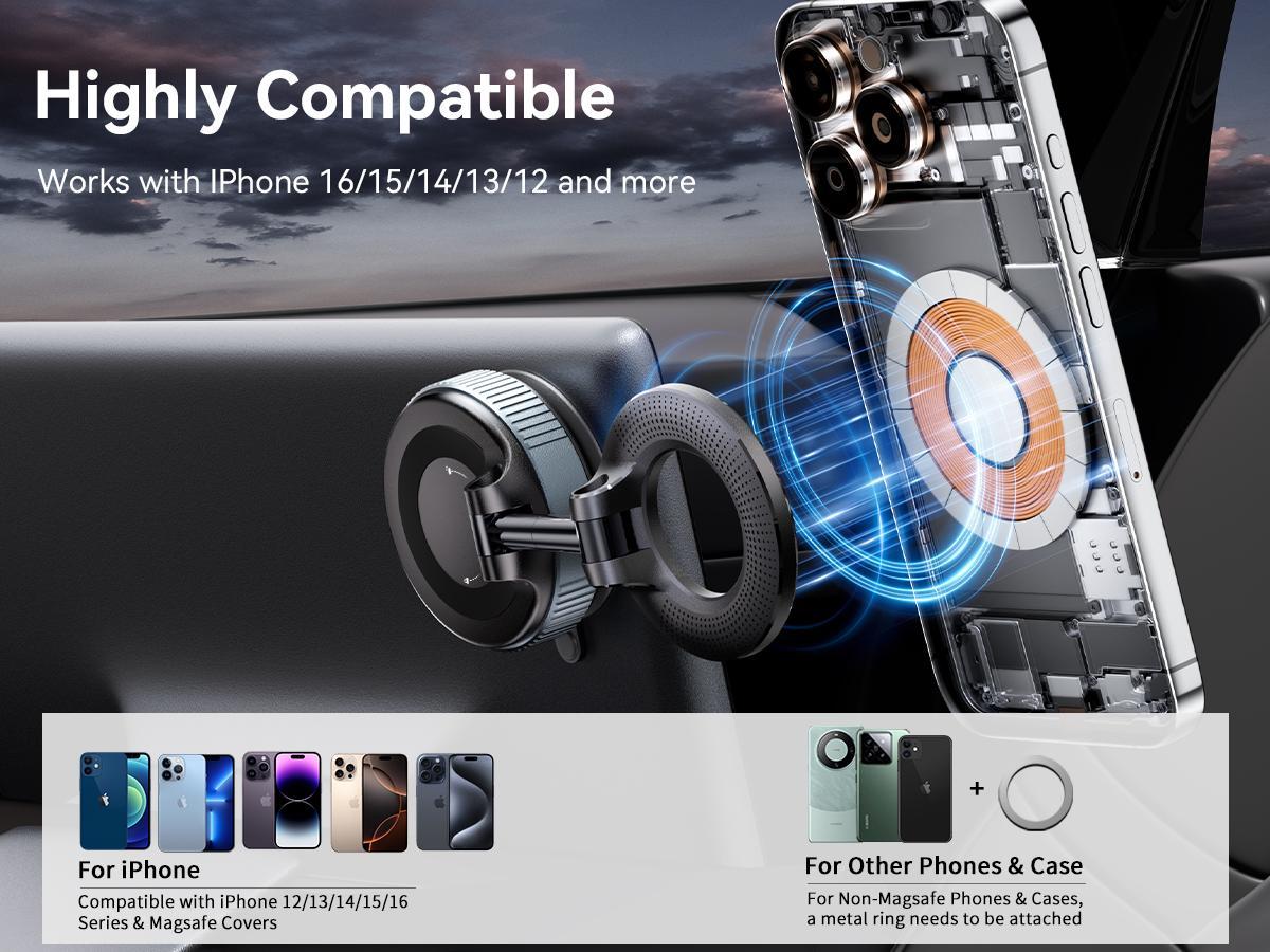Upgraded Magnetic Phone Holder,Unpowered Version 360&deg; Rotatable Adjustable and Foldable Magnetic & Vacuum Adsorption Car Holder, No Noise for iPhone & Android