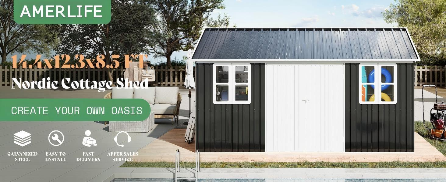 [Brandday][Memorialday] AMERLIFE Shed 4-pane Window Nordic Cottage Storage Shed Outdoor Metal Garden House Double Hinged Lockable Doors for Backyard Garden Patio Lawn