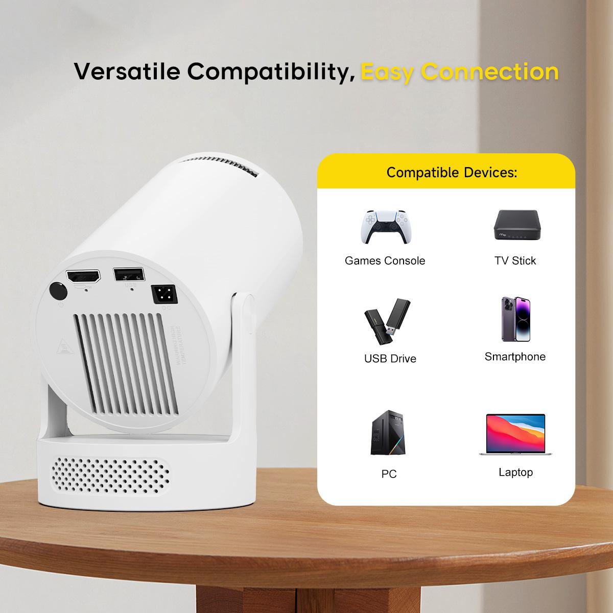 Smart Projector HY300Pro+ with 4K Decode 290ANSI Auto Keystone Correction Built-in 5W speaker Dual WiFi6 Wireless BT5.4 Android 14 Native 1280*720P for Home Cinema Portable Movie Theater Summervibes