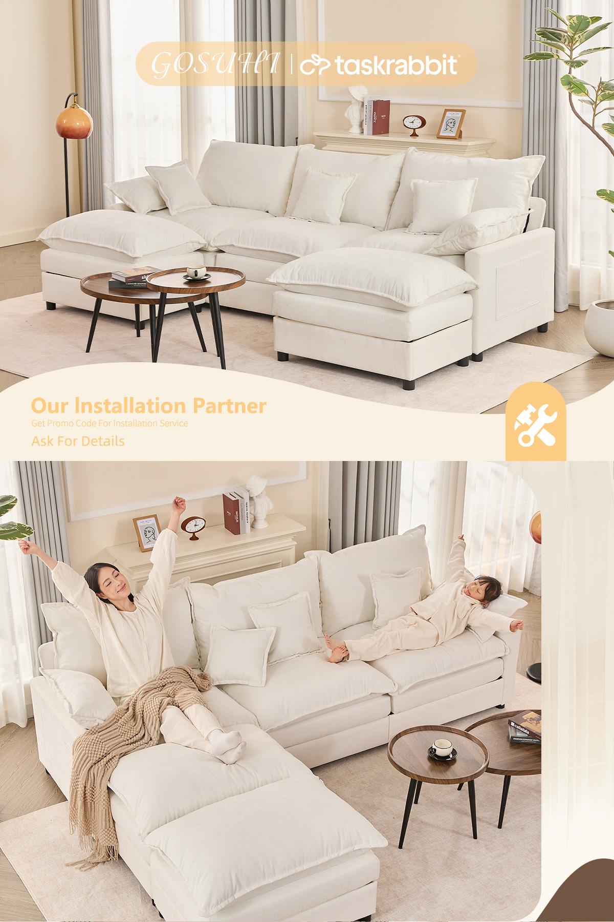 Summergarden【2 Packages Shipping】GOSUHI 108" U-Shaped Modular Sectional Sofa - Comfy Cloud 3-Seater with 2 Movable Ottoman, Cloud Sofa,Deep Seat Linen Couch for Living Room, Beige Color ,Comfort & Stylish Design,Chenille pink