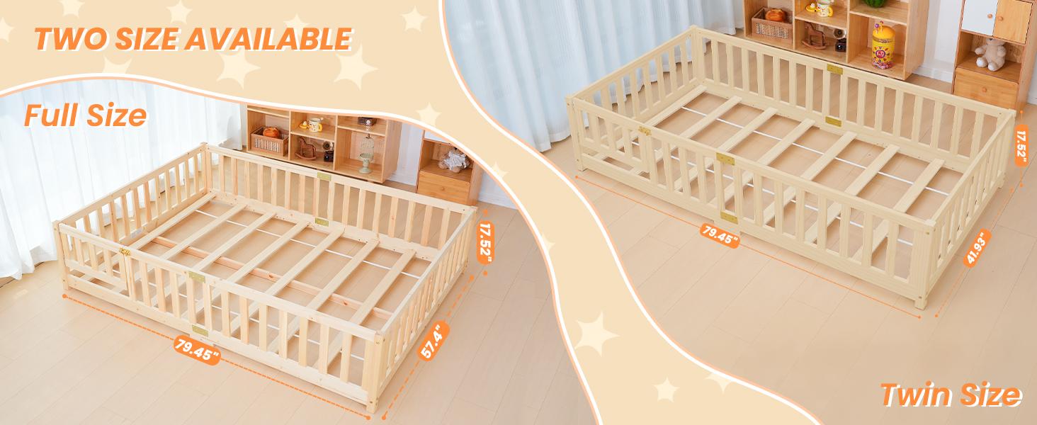 Naudacaa Twin/Full Size Montessori Floor Bed for Kids, Solid Wood Bed Frame with Fence, Door & Safety Guardrails, CPC Certified Naudacaa Twin/Full Size Montessori Floor Bed for Kids, Solid Wood Bed Frame with Fence, Door & Safety Guardrails, CPC Certified