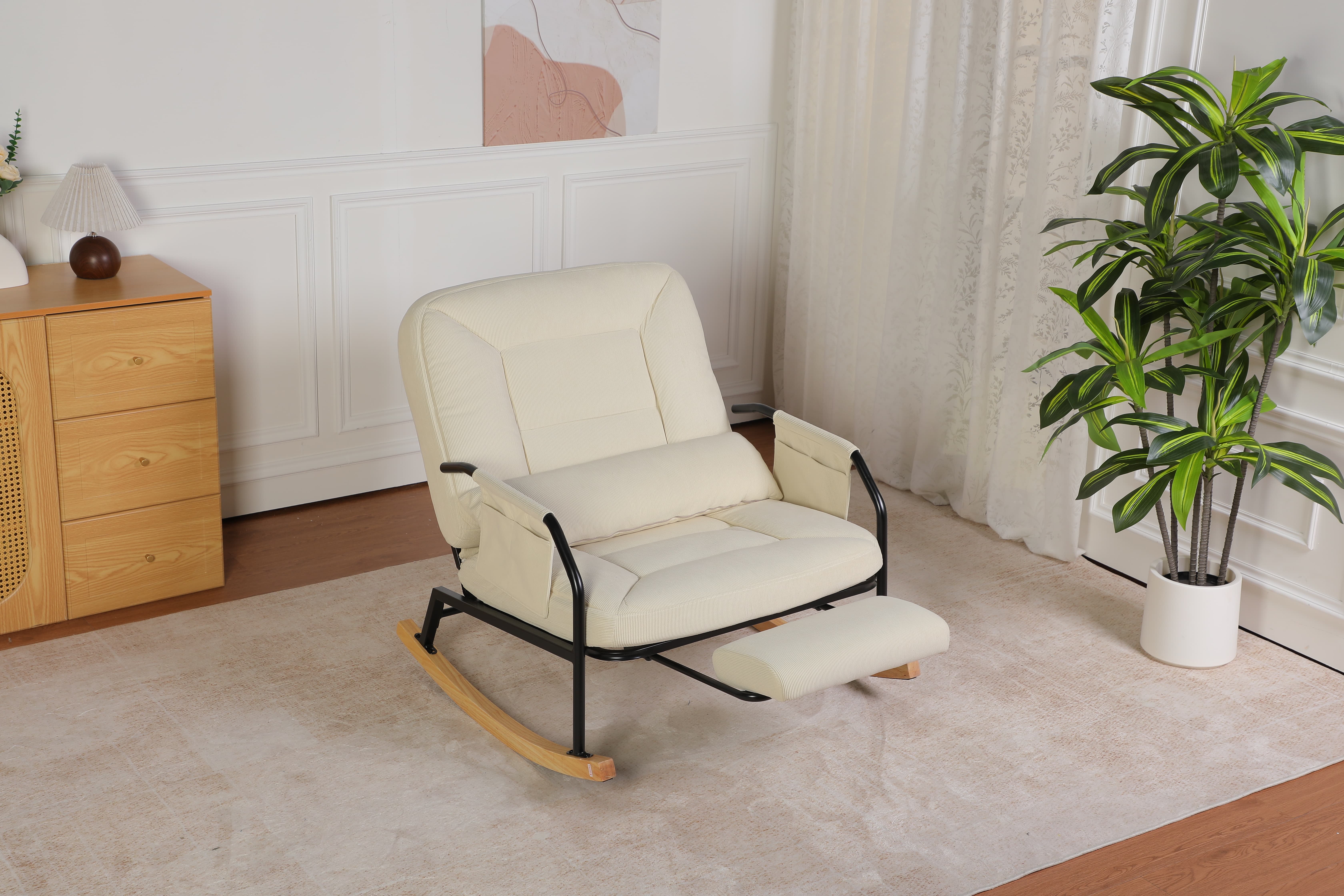 [Summervibes] Roomy Nursery Rocking Chair with Corduroy Fabric, Spacious Mom's Nursing Rocking Armchair, Modern Comfortable Angle-Adjustable High-Back Rocker with Side Pocket and Footrest, Suitable for Living Room, Bedroom, Nursery