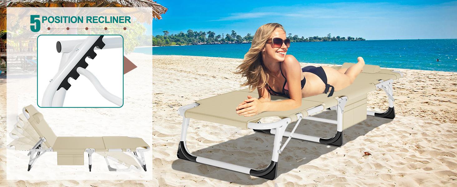 DoCred Sun Tanning Chair with Mat, 3N1 Deluxe Heavy Duty 5-Position Adjustable Beach Chair, Oversized Folding Chaise Poolside Lounge Chair for Indoor, Outdoor Sunbathing, Lawn, Patio, Camping, Beach,summerwins