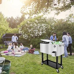 VINGLI 80 Quart Rolling Ice Chest on Wheels, Portable Patio Party Bar Drink Cooler Cart, with Shelf, Beverage Pool with Bottle Opener,Water Pipe Fathersdaygift