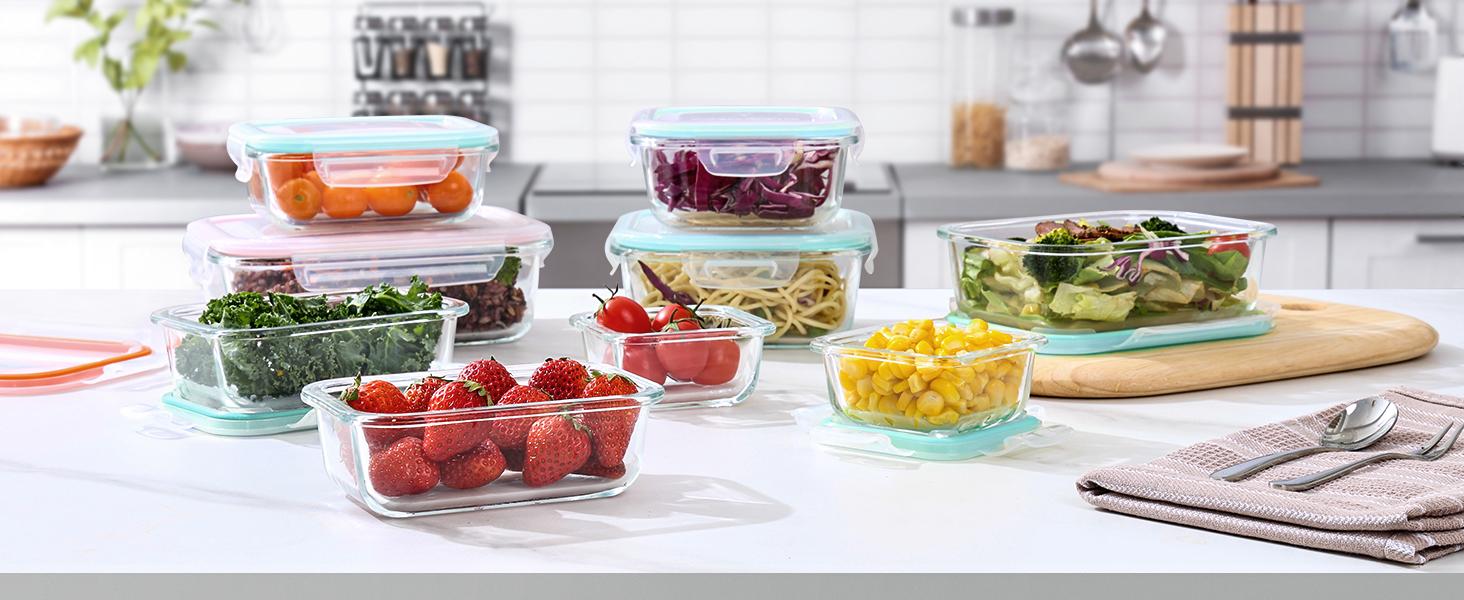 Vtopmart 18 Pack Glass Food Storage Containers with Lids -Stackable Design for Kitchen Utensils Oven Microwave Freezer Dishwasher Kitchenware Square Fridge Organizers Insulated Lunch Compartment Grey Rectangle