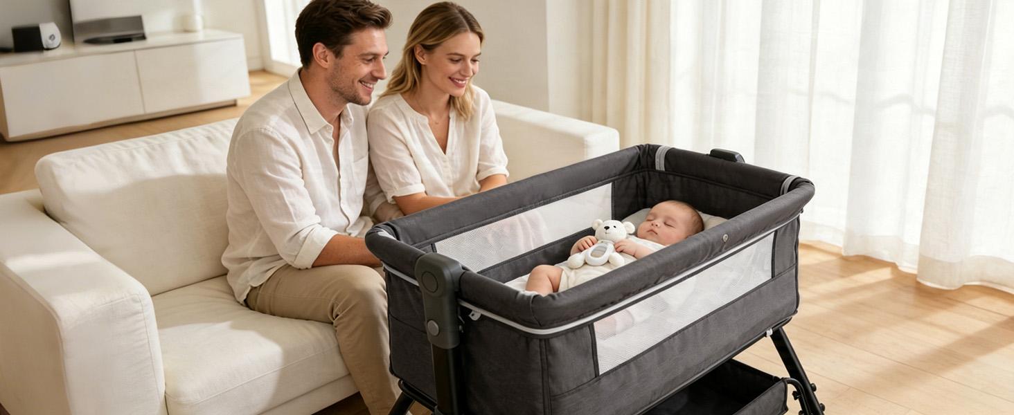 Baby Bassinet,  Crib for Infant and Newborn, Bedside Sleeper with Storage Basket and Mosquito Net, Easy to Fold, Height Adjustable, Portable Side Bed Crib portable Baby Furniture