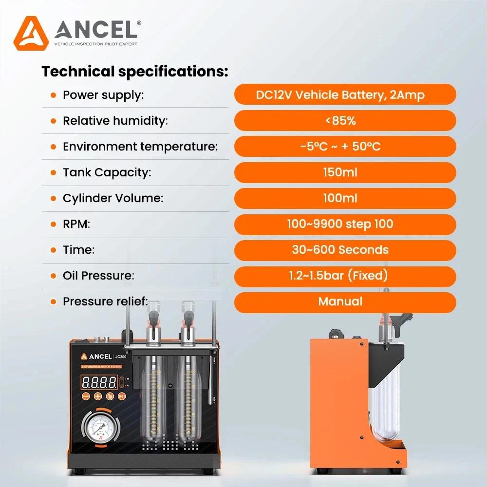 ANCEL JC200 2-Cylinder Fuel Injector Tester & Flow Cleaner Removes Light Surface Deposits During Testing, Adjustable Pressure, Built-in 12V Pump for Cars & Motorcycles