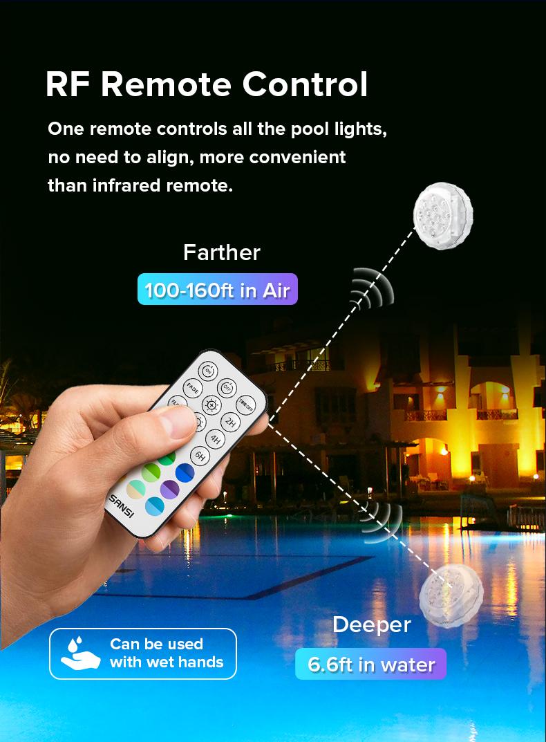 SANSI RGB Pool Lights with RF Remote & Timer &ndash; Waterproof, Battery Operated, Flash/Fade/Smooth Modes, Magnetic & Suction Installation &ndash; Portable for Showers, Pools, Outdoors &ndash; Perfect for Garden SummerVibes