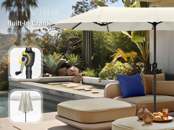 [SummerVibes] PHI VILLA 15 FT Large Outdoor Double-Sided Rectangle Umbrella with LED Lights & Crank Handle, Waterproof, Day & Night Use