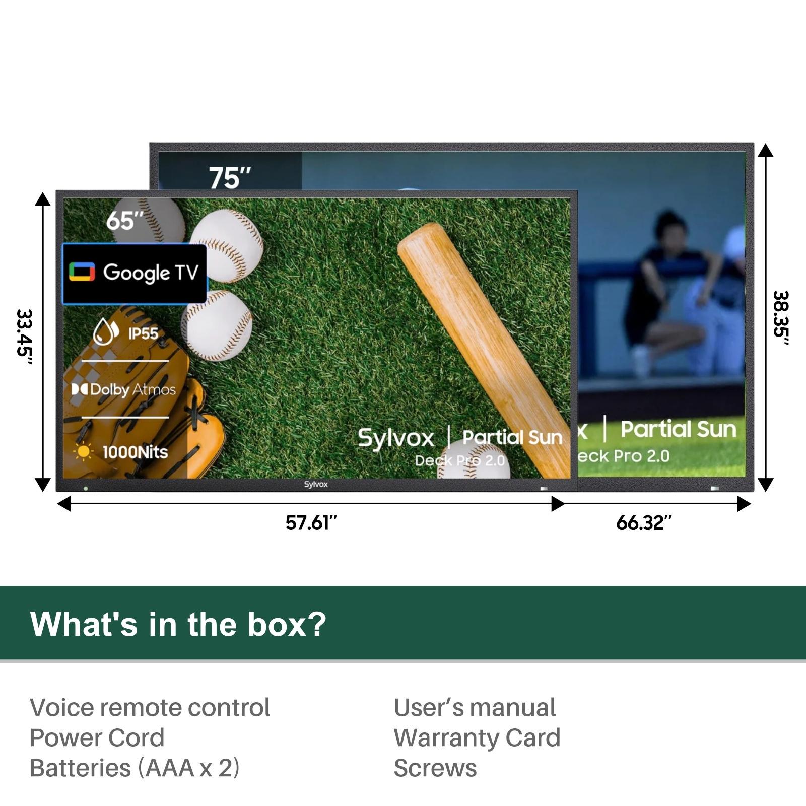 SYLVOX Outdoor TV, 4K UHD IP55 Weatherproof Television for Partial Sun Outside 1000nit Brightness, Google TV OS, Dolby Atmos, Voice Remote (Deck Pro 3.0) SYLVOX Outdoor TV, 4K UHD IP55 Weatherproof Television for Partial Sun Outside 1000nit Brightness, Google TV OS, Dolby Atmos, Voice Remote (Deck Pro 3.0)
