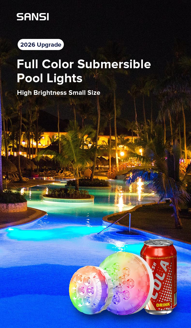 SANSI RGB Pool Lights with RF Remote & Timer &ndash; Waterproof, Battery Operated, Flash/Fade/Smooth Modes, Magnetic & Suction Installation &ndash; Portable for Showers, Pools, Outdoors &ndash; Perfect for Garden SummerVibes