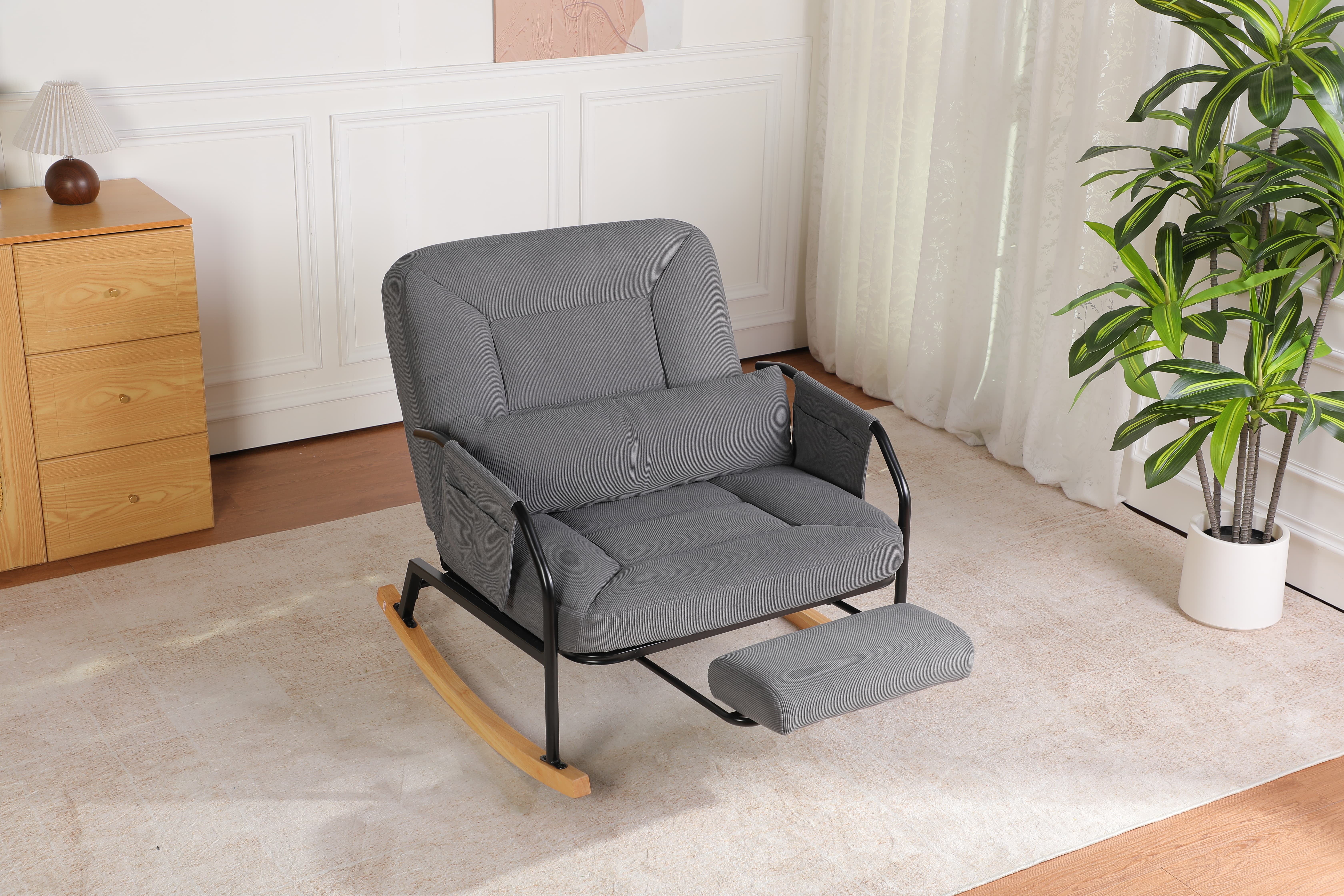 [Summervibes] Roomy Nursery Rocking Chair with Corduroy Fabric, Spacious Mom's Nursing Rocking Armchair, Modern Comfortable Angle-Adjustable High-Back Rocker with Side Pocket and Footrest, Suitable for Living Room, Bedroom, Nursery