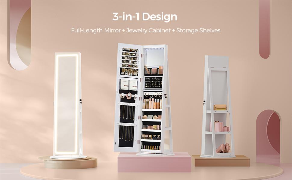 SONGMICS LEDs Lockable Jewelry Mirror Cabinet,Standing Jewelry Armoire,, Frameless Full-Length Mirror, 3 Storage Shelves Christmas Gifts Decor