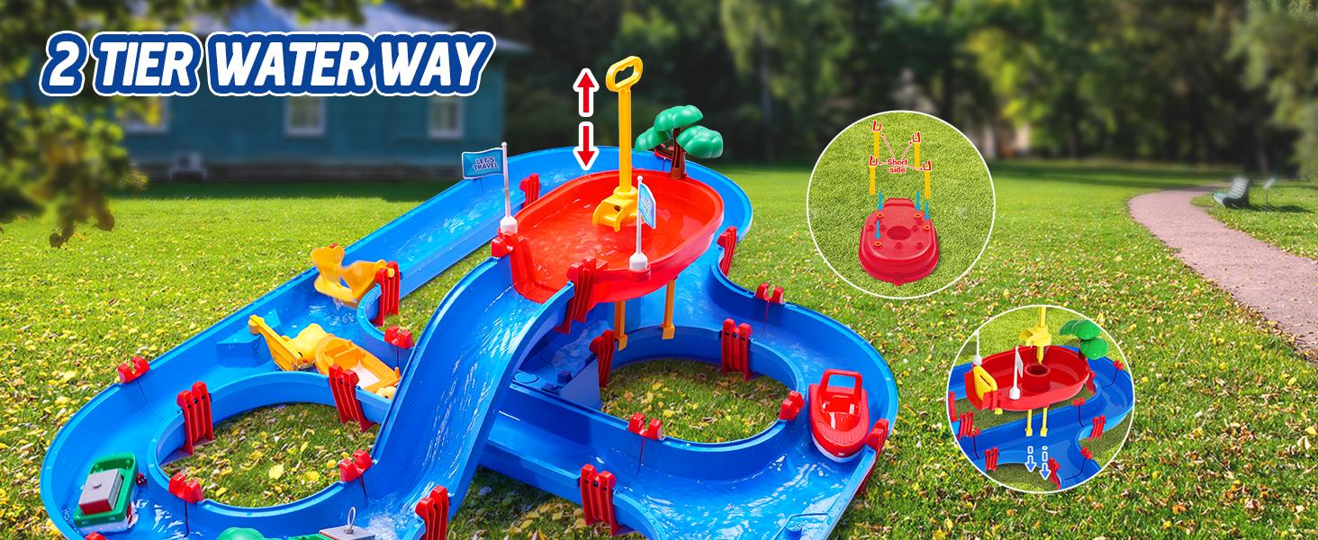 VATOS 2-Tier Water Table for Toddlers in Summer,100PCS DIY Waterways Playset with Pump for Outside Yard,Beach,Poolside Activity Sensory Play Table Addition for Kids Boys Girls Age 3 4 5 6 Year Old Summer Vibes