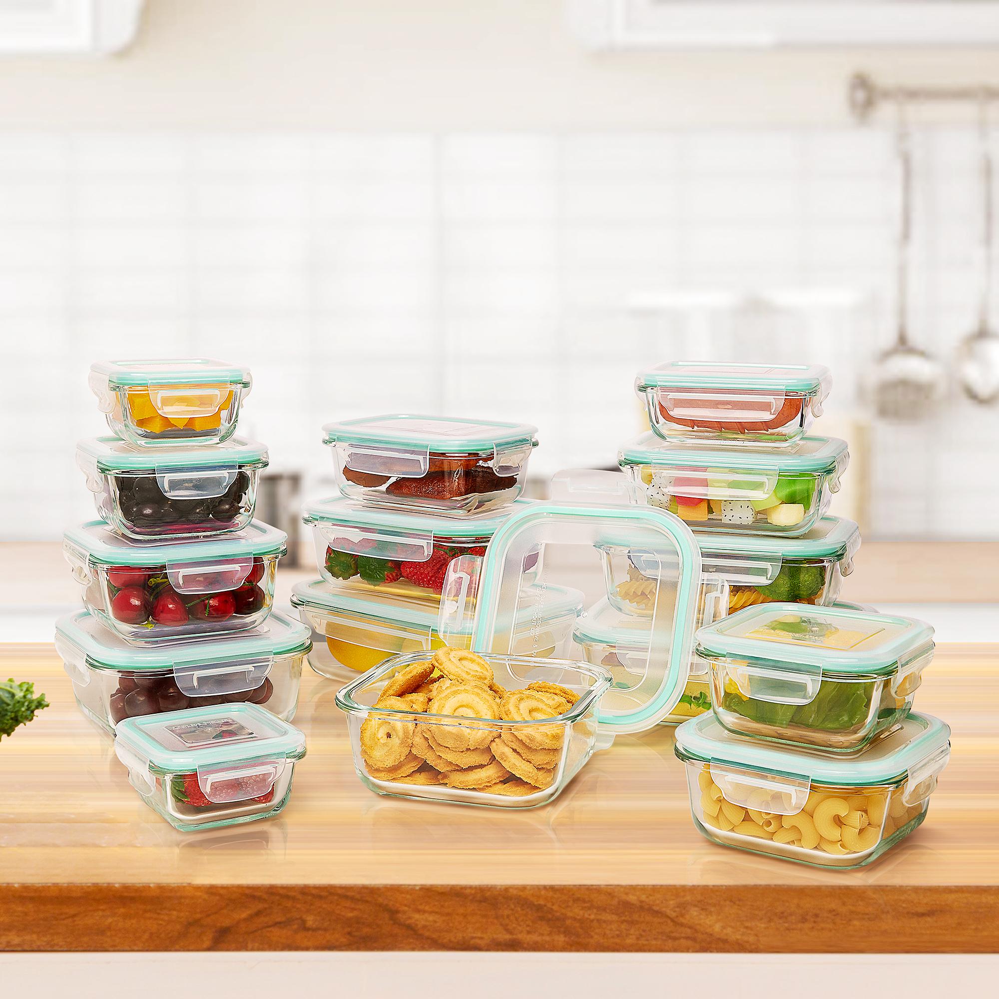 Vtopmart 18 Pack Glass Food Storage Containers with Lids -Stackable Design for Kitchen Utensils Oven Microwave Freezer Dishwasher Kitchenware Square Fridge Organizers Insulated Lunch Compartment Grey Rectangle