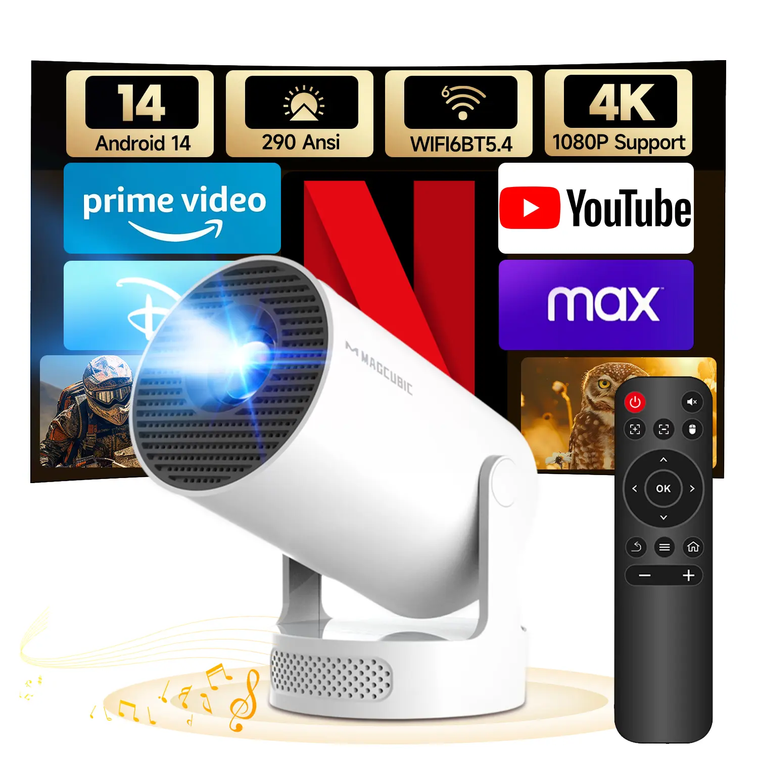 Smart Projector HY300Pro+ with 4K Decode 290ANSI Auto Keystone Correction Built-in 5W speaker Dual WiFi6 Wireless BT5.4 Android 14 Native 1280*720P