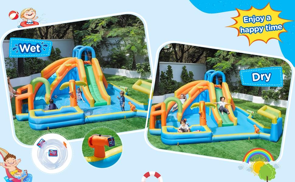 Yaheetech Inflatable Water Slide w/ 2 Long Slides & Large Climbing Wall & Small Deeper Pool & Awning for Kids Aged 3 to 10, Outdoor Water Slide w/Storage Bag & 950W Blower