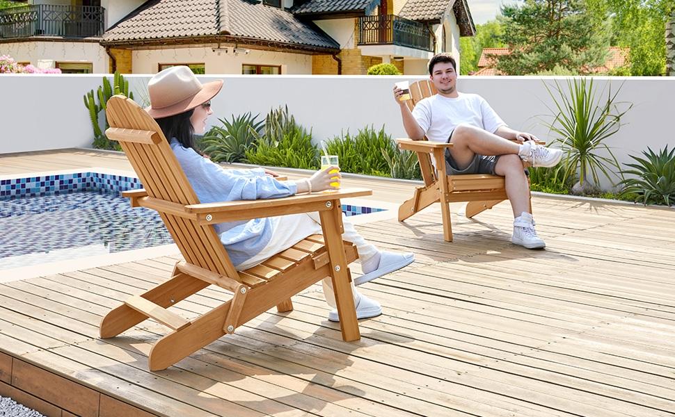【Set of 2】Yaheetech 2026 Upgrade Folding Adirondack Chair Outdoor Solid Wood Garden Chair Weather Resistant, Fire Pit Lounge Chairs for Garden/Yard/Patio/Lawn
