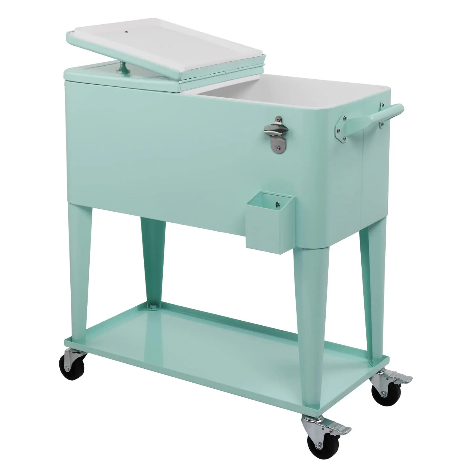 80 Quart Rolling Ice Chest on Wheels, Portable Patio Party Bar Drink Cooler Cart, with Shelf, Beverage Pool with Bottle Opener,Water Pipe 