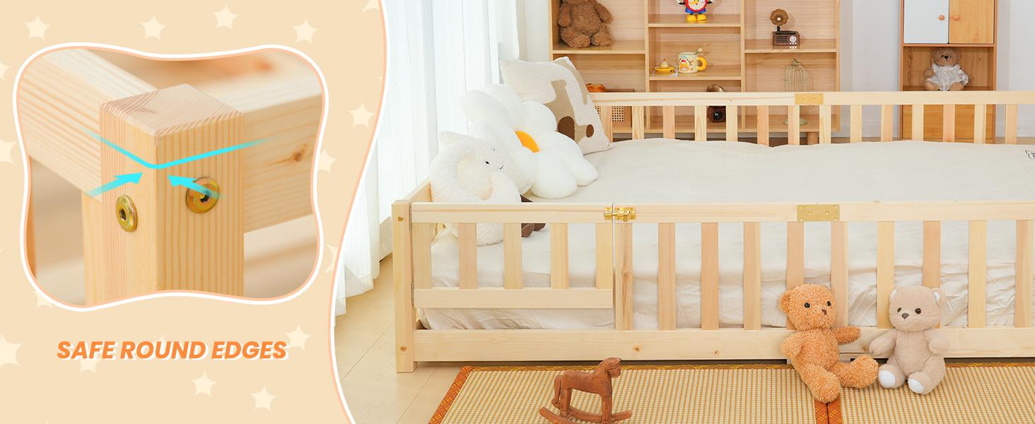Naudacaa Twin/Full Size Montessori Floor Bed for Kids, Solid Wood Bed Frame with Fence, Door & Safety Guardrails, CPC Certified Naudacaa Twin/Full Size Montessori Floor Bed for Kids, Solid Wood Bed Frame with Fence, Door & Safety Guardrails, CPC Certified