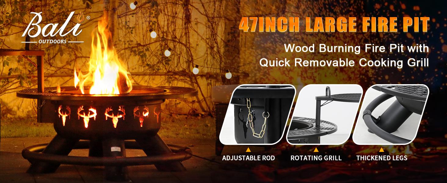 Memorial Day Sales BALI OUTDOORS 2-in-1 Wood Burning Fire Pit with Removable Cooking Grill Black Ultra-Durable Iron Grate 360-Degree Rotation Adjustable Height for Heating and BBQ Christmas gift