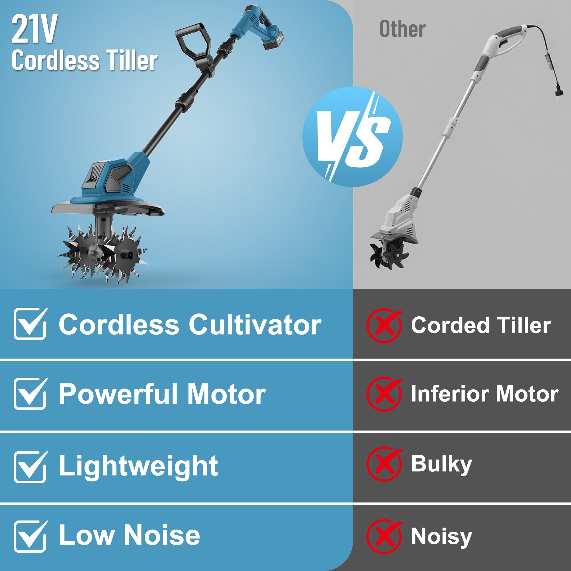 Cordless Cultivator & Tiller, 21V Electric Garden Tillers with 2&times;4000mAh Battery 120 Mins Runtime, 270 RPM Manganese Steel Blades, Lightweight 11.6 lbs, Ergonomic Design for Vegetable Plots Flowerbeds